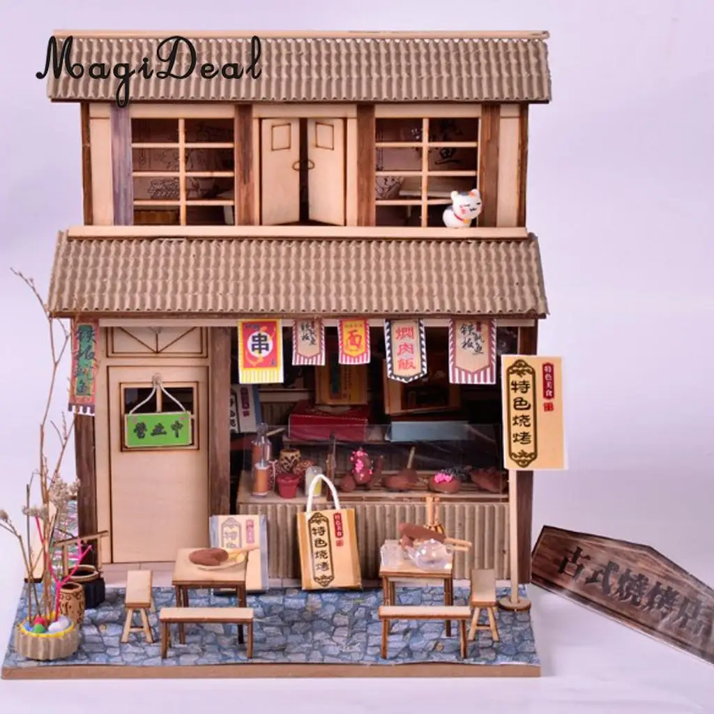 1/24 DIY Dollhouse Miniature Kit with Furniture, Light BBQ Restaurant Gift
