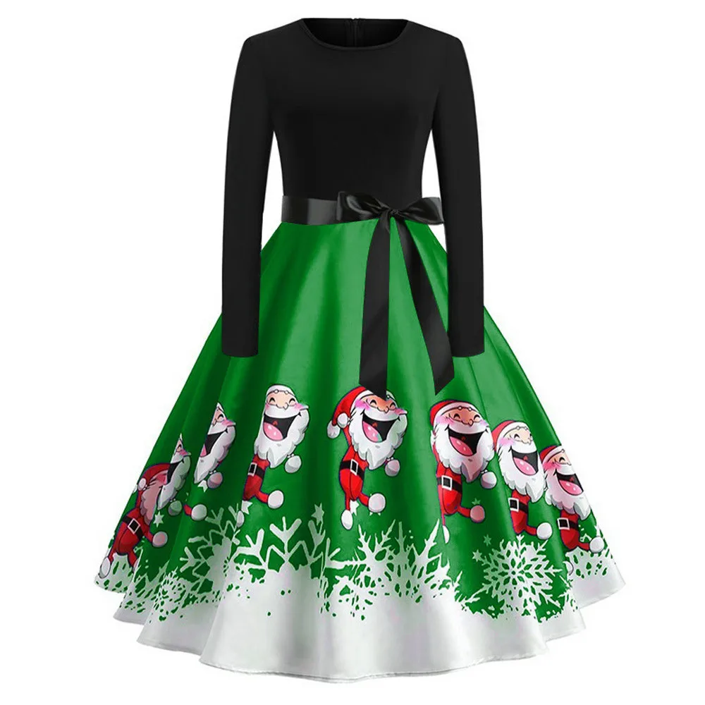 Women Christmas Dresses Evening Dresses Girls Vintage Print Party Swing Dress