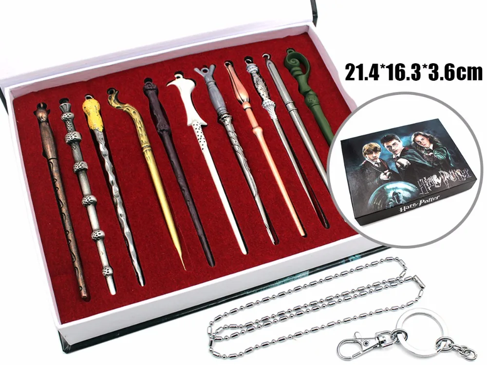 

Hot selling 13 pcs Movie Harri Movie Cosplay Weapon Metal toy Harri Movie Magical Wand Stick necklace/keychain Gifts