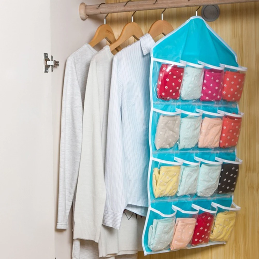 Вешалка для одежды шкаф для обуви трусы сумка для хранения 16 карманов складной шкаф подвесные сумки Носки Органайзер для трусов - Цвет: Синий