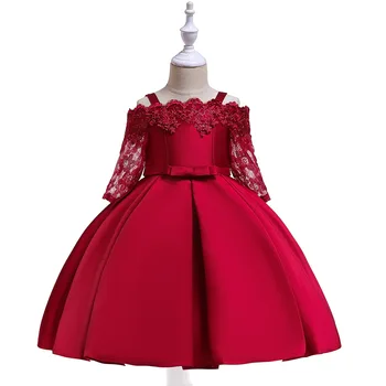 

Off the Shoulder Long Sleeves Satin Flower Girl Dresses For Wedding Dark Red First Communion dresses Party Gowns