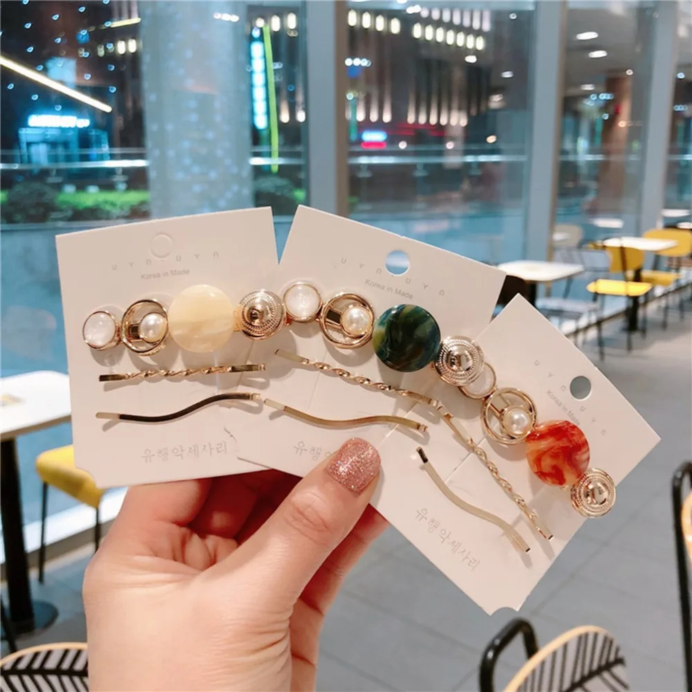 

M MISM 3Pcs/Set Hair Clips Korea Vintage Acrylic Beads Women Hairpins Barrette Colorful Pearl Metal Hair Accessories Hairgrip