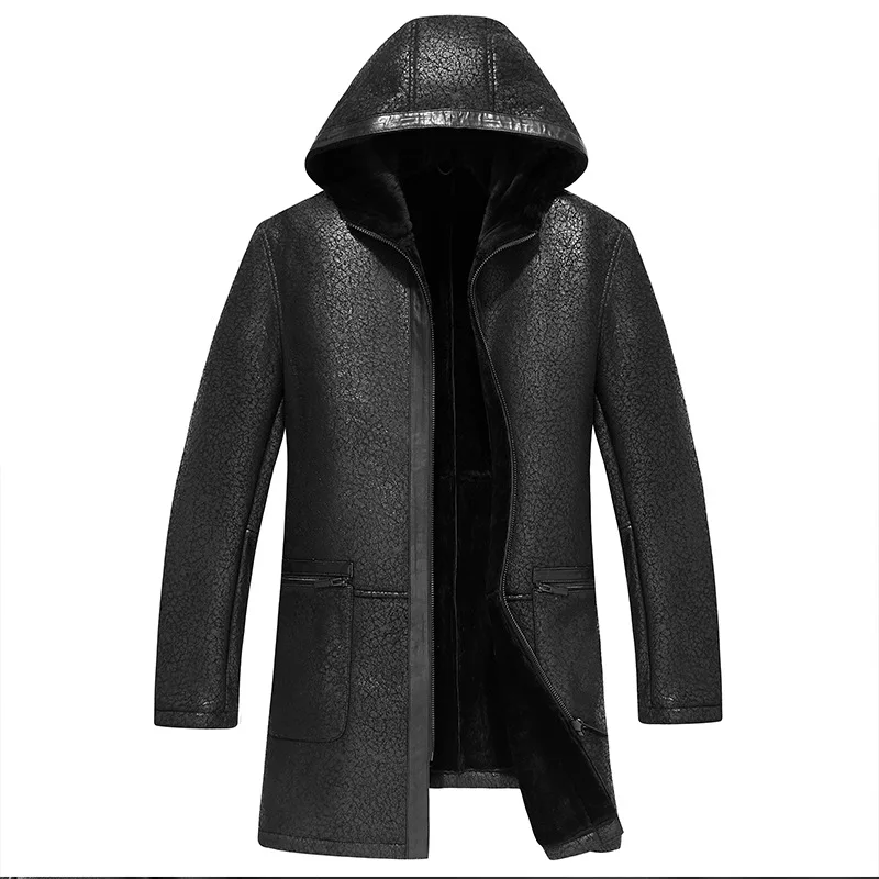 

Winter brand luxury genuine sheepskin leather jackets men medium long turn-down collar wool fur liner warm fur coat