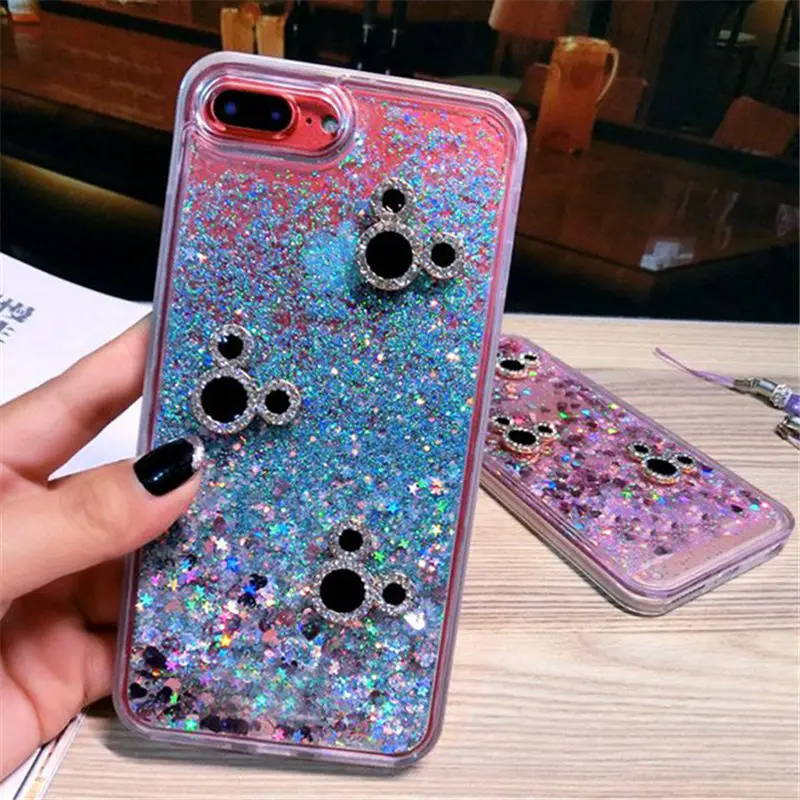 

For Samsung S7 edge S8 Plus Note 3 4 5 8 9 Luxury Bling Cute Mouse Head Liquid sand quick-sand soft Phone case Back cover