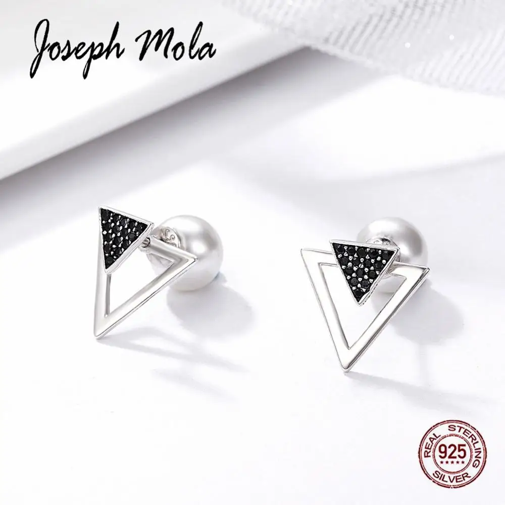 

Joseph Mola 100% 925 Sterling Silver Double Triangle & Pearl Stud Earrings For Women Party Birthday Gift Fine Jewelry