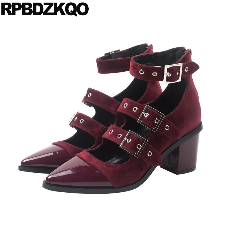 Wine Red Block Pointed Mary Jane Ankle Strap Shoe Zipper Strappy High