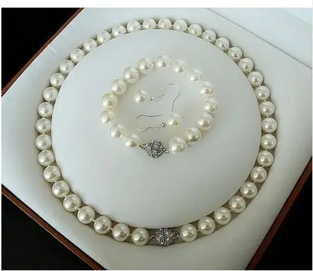 

fashion fine Lovely Rare 10mm hite South Sea Shell Pearl Necklace bracelet Earring Set AAA women's jewelry 925 silver