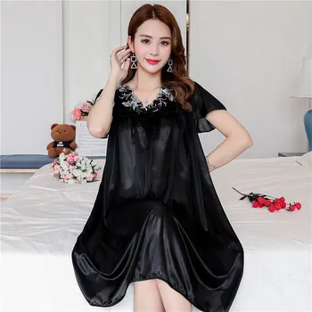 

Ice silk women's summer short-sleeved V-neck nightdress thin silk sling sexy home service night gown