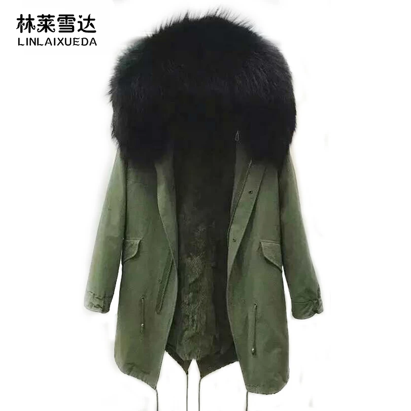 LINLAIXUEDA Raccoon Dog Fur Collar Hoodie Parka Rex Rabbit Fur Liner