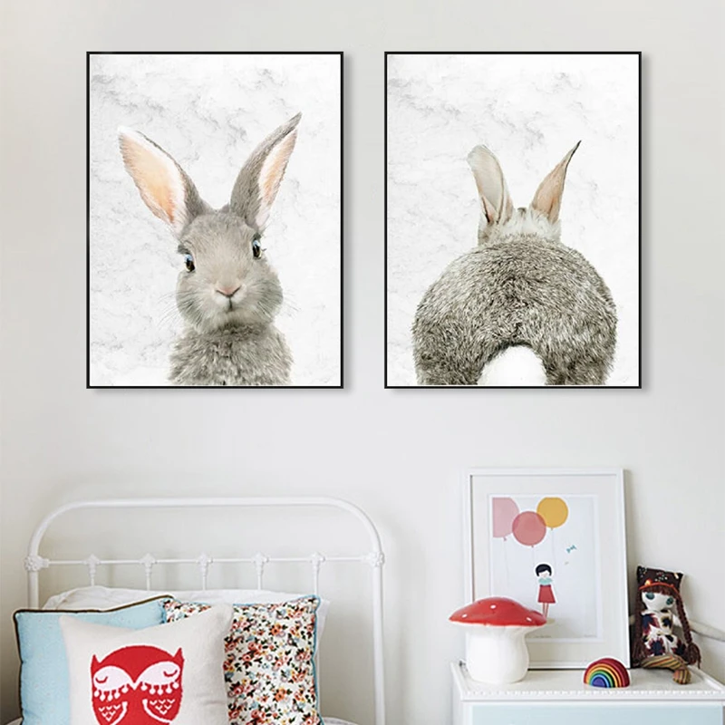 Bunny Wall Art Prints Nursery Decor , Woodland Animal Bunny Canvas Painting Wall Pictures Baby Room Art Decor