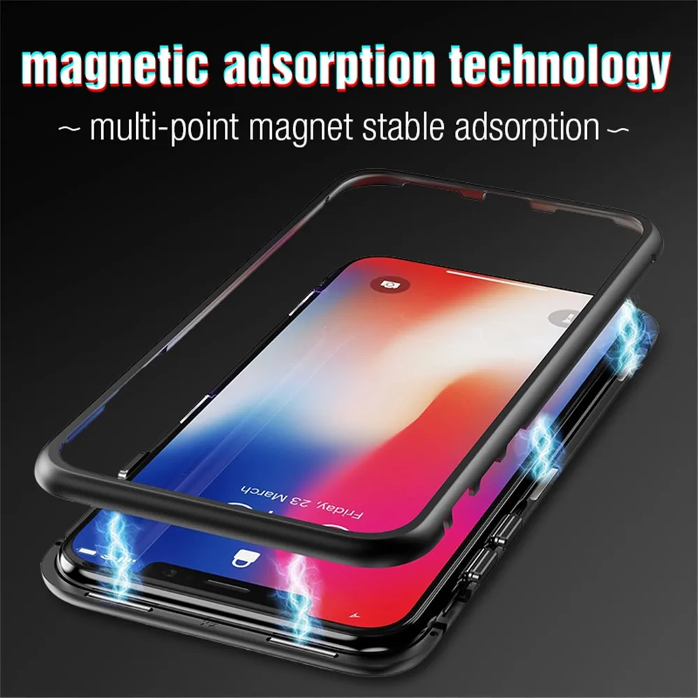 Nueva funda de teléfono de doble cara magnética adsorción para iPhone 8 7 6 6S Plus X XR XS Max 360 cubierta de vidrio templado con imán de Metal Caqa Nueva funda de teléfono de doble cara magnética adsorción para iPhone 8 7 6 6S Plus X XR XS Max 360 cubierta de vidrio templado con imán de Metal Caqa