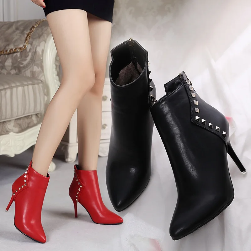 

fashion Women Shoes High Heel Ankle Boots female Martin Boots Zip Fall Autumn Winter Pointed Toe High Heels Lady rivet Shoes
