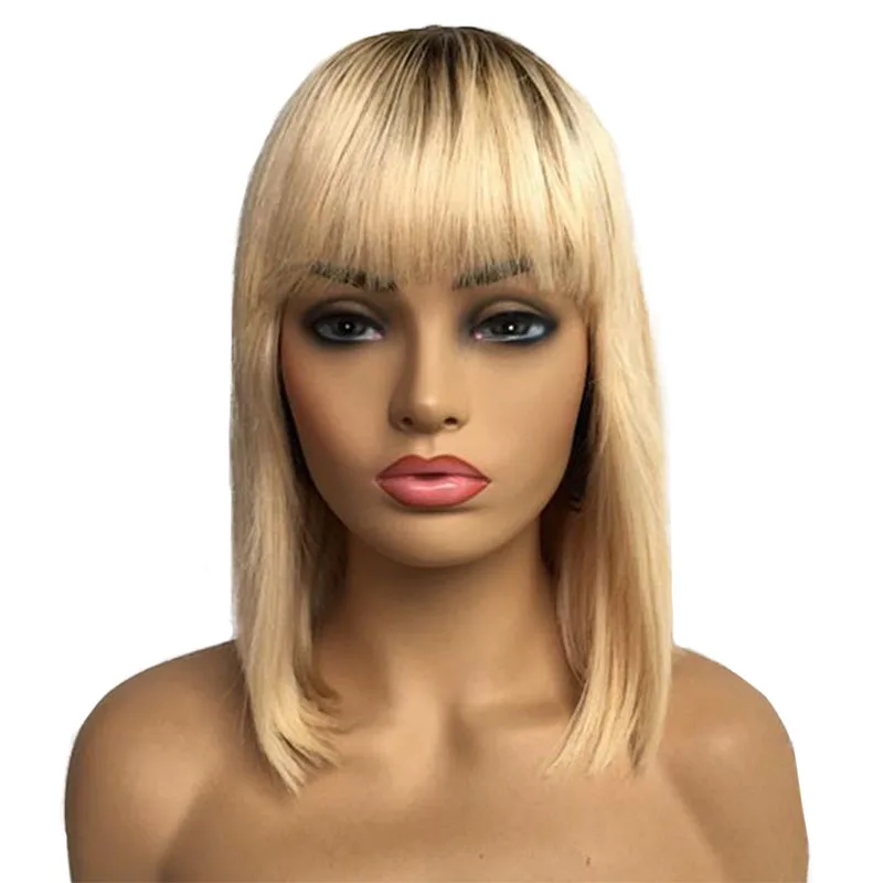 Hot Beauty Hair Blonde Straight Short Bob Human Hair Wigs With Front Bangs Double Drawn Brazilian Remy Hair Wigs for Black Women Cheap Wig (4)