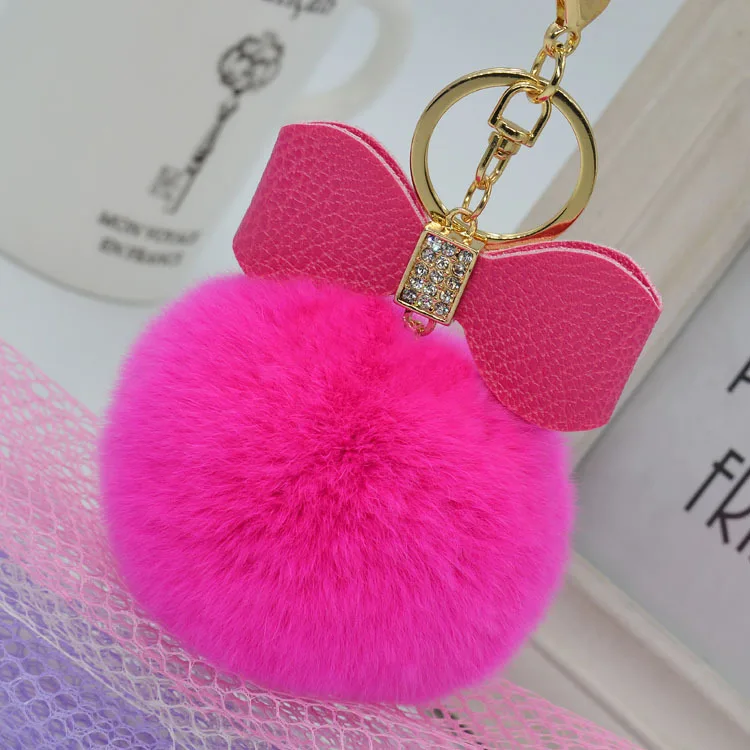 

Free SHIPPING bowknot fur pom keychain Real rex Rabbit Fur Ball Key chains fur key ring Key Chain For Bag