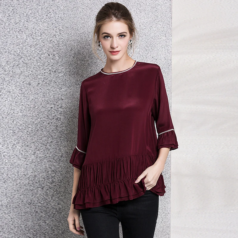 100% Silk Blouse Women Plus Sizes Lightweight Fabric Solid O Neck ...