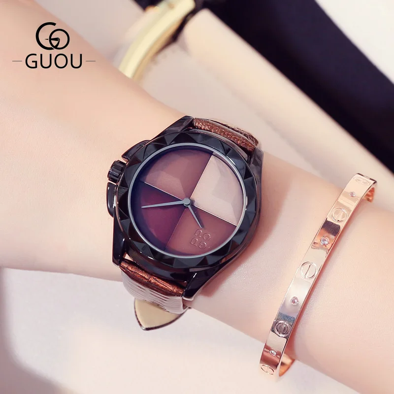 

GUOU Simple Creative Unique Quartz Watch Women Fashion Casual Watches Ladies Wristwatch Genuine Leather Female Dress Watch 8815
