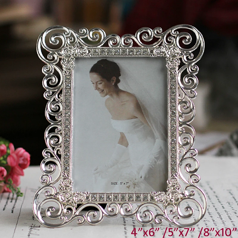 

European Accents Rectangle Shaped Shiny Silver Plating Rose Design With Clear Rhinestones Jeweled 5x7 inches Metal Photo Frame