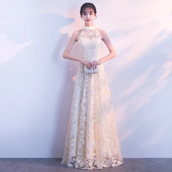 

Classic Champagne Cheongsam Flower Lace Qipao Vintage Improved Bride Wedding Dress Elegant Stage Show Gowns Casual Vestidos