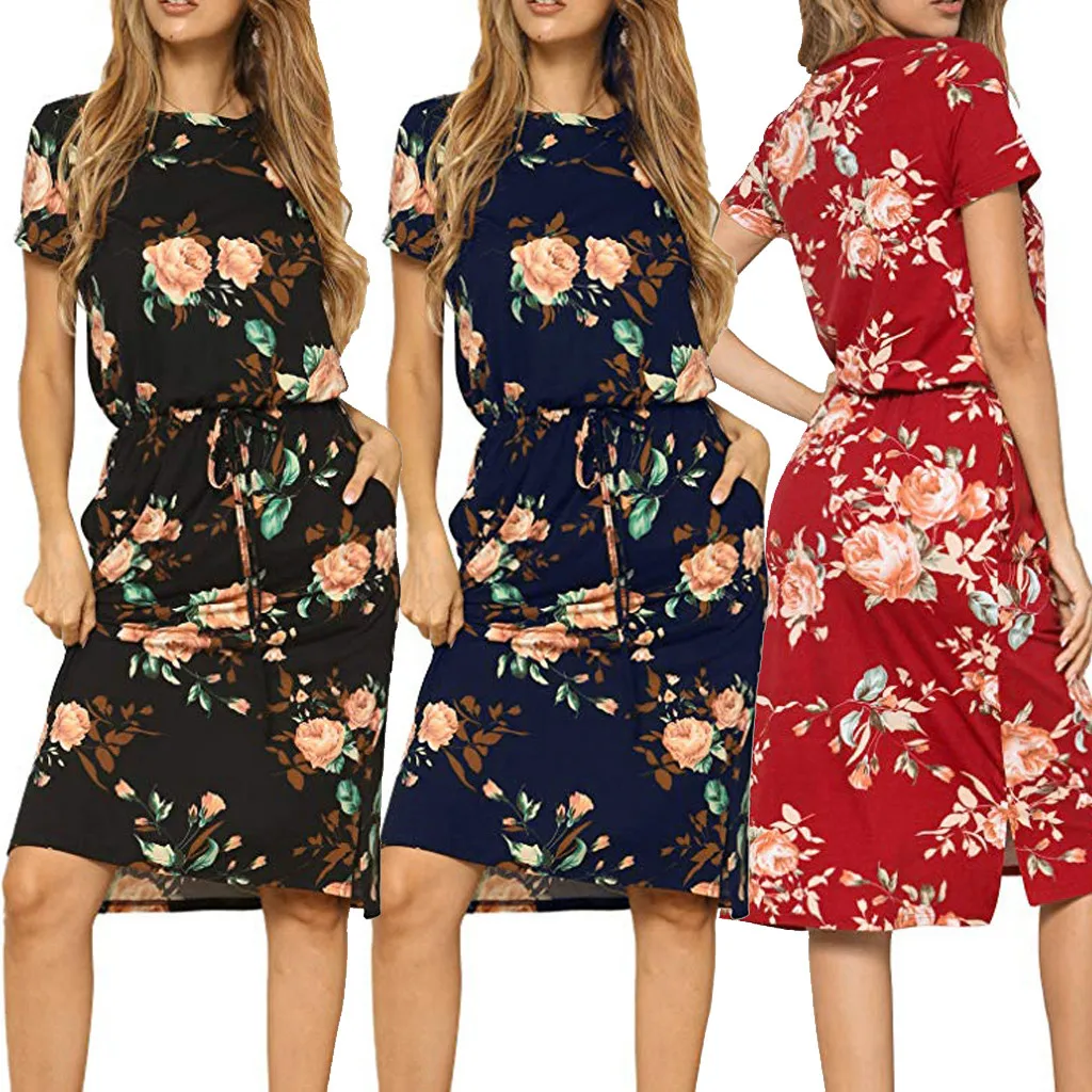 

Fashion Women Bohemian Dresses O-Neck Floral Printed Short Sleeve Casual Pockets Dress with Sashes Ladies Party Beach Midi Dress
