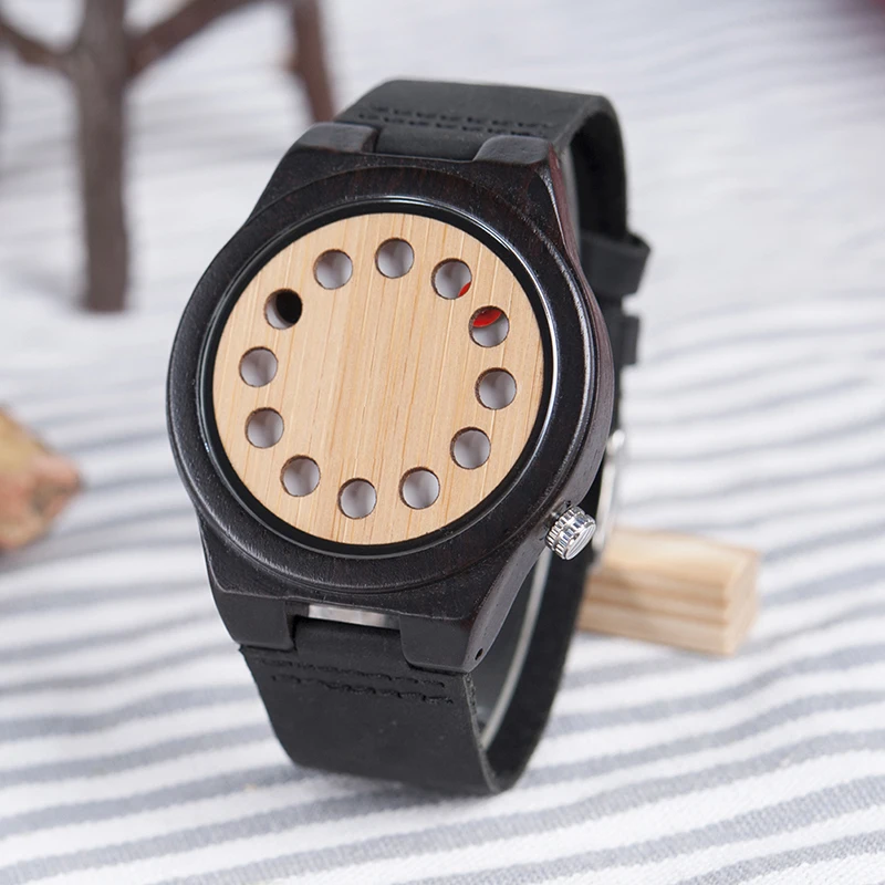 BOBO BIRD Bamboo Wooden Watches Men 12 Holes Design Quartz Analog Wrist Watch erkek kol saati with Leather Band as Gift