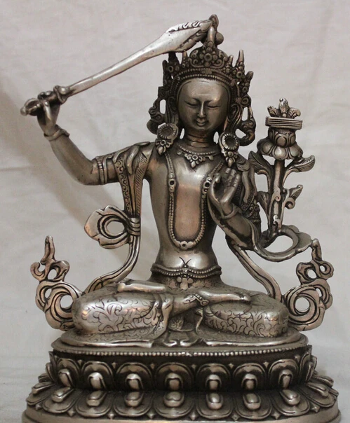 

8" Tibet Tibetan Buddhism Silver Sword Wenshu Manjushri Boddhisattva Statue R0711