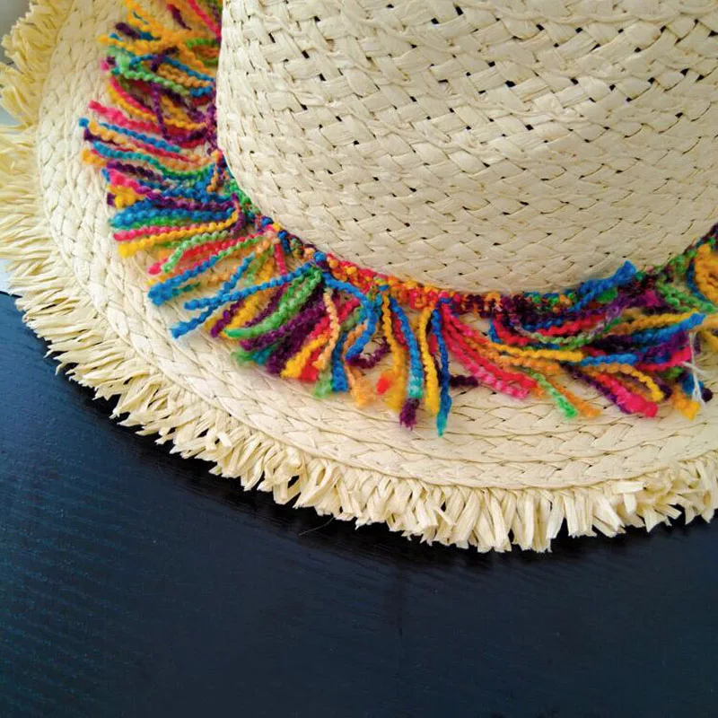 Шляпа от солнца Sombrero из рафии для женщин шляпа с бахромой ручной работы полосатая
