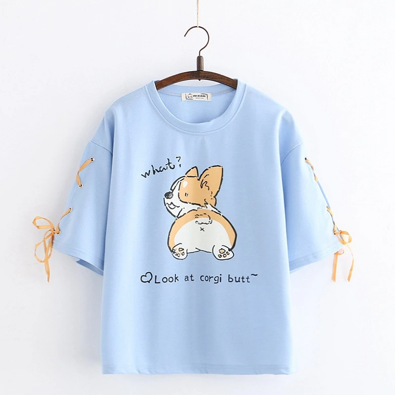 

Merry Pretty Women Cartoon Gog Print T Shirts 2019 Summer Short Sleeve O-Neck Cotton Tops Sweet Style Harajuku Lace Up Tops Tees