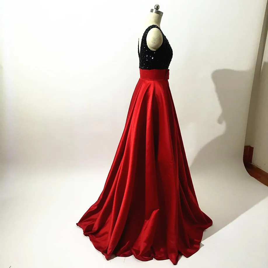 Sexy V Neck Long Satin Red Prom Dresses 2017 See Through Back O Neckline Embroidery Lace Appliques A-Line Evening Party Gown