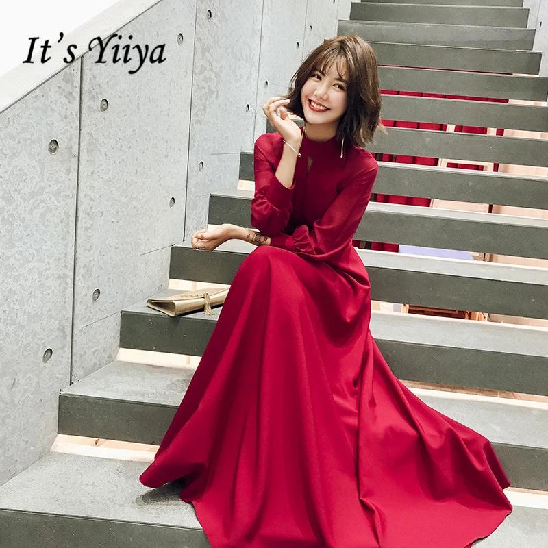 

It's YiiYa Evening Dresses Elegant Bow Satin Wedding Formal Dress Full Sleeves Floor-length Zipper Back A-line Party Gowns E369