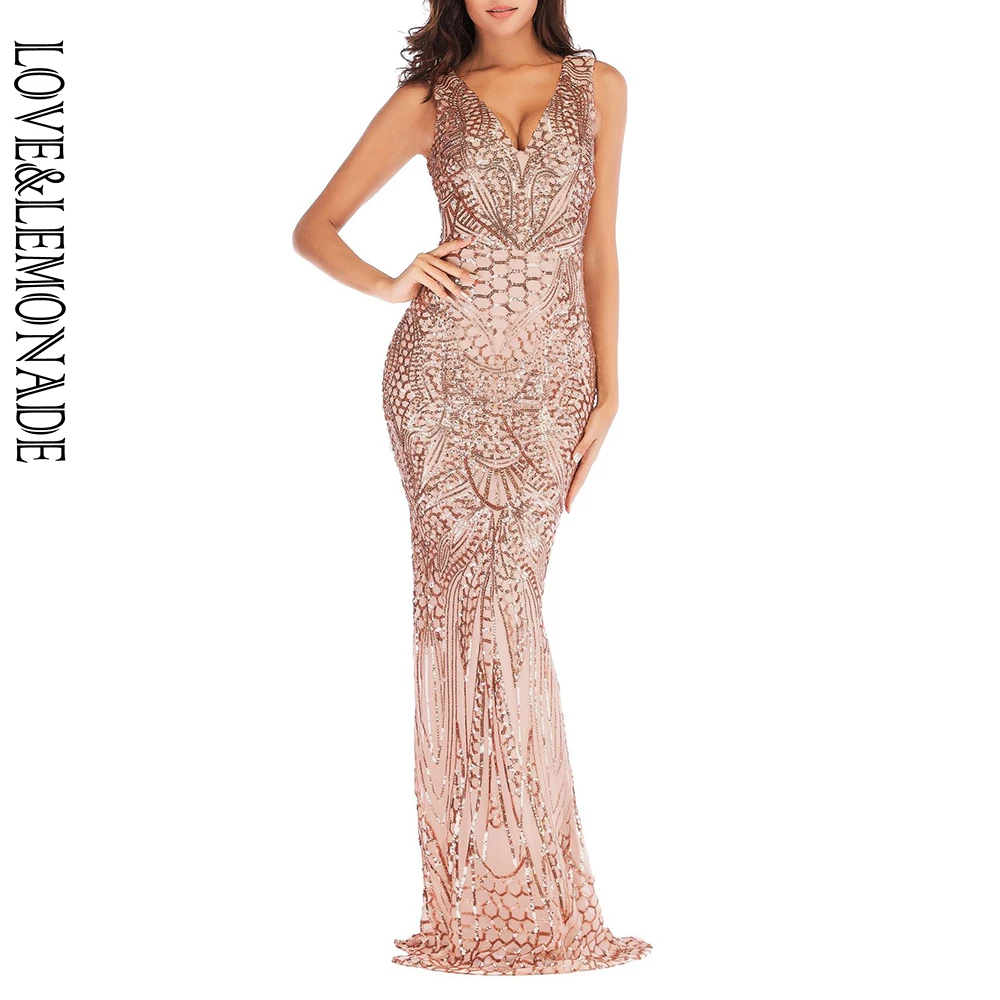 

LOVE&LEMONADE Sexy Rose Gold V-Neck Geometric Pattern Sequins Bodycon Party Long Dress LM90081