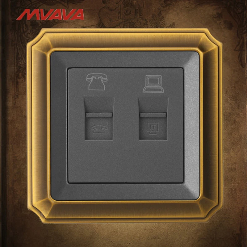 

MVAVA Universal Telephone And Computer Wall Socket Luxury Bronzed Plug Double port RJ45 PC Network + RJ11 TEL Outlet