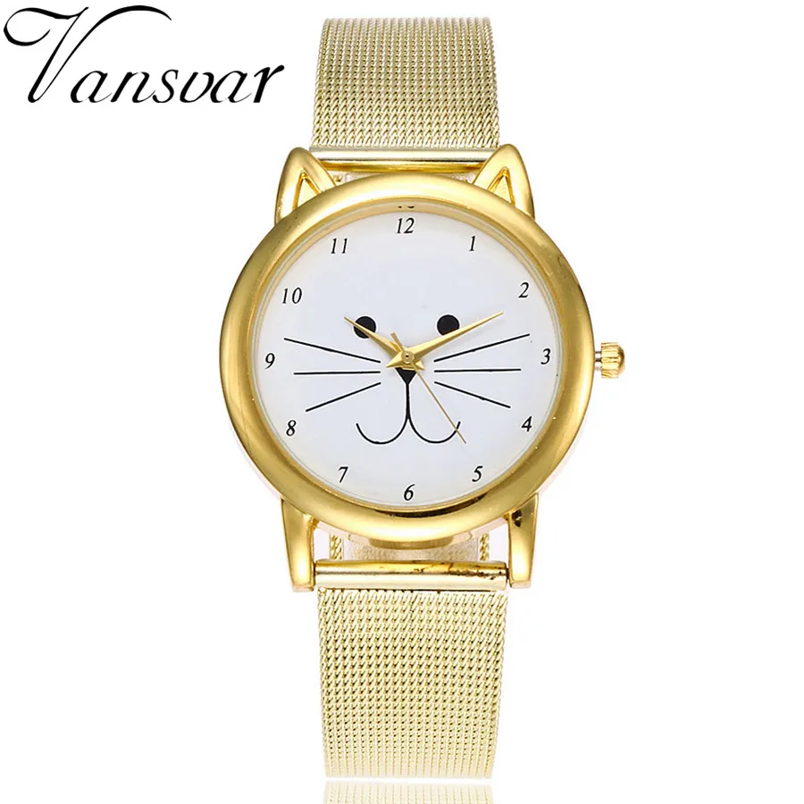 Vansvar Brand Fashion Gold Mesh Band Cat Watch Luxury Casual Quartz Watch Relogio Feminino Gift Clock Drop Shipping