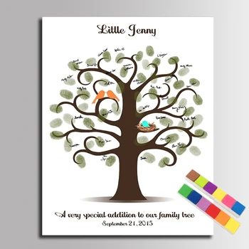

DIY Fingerprint Signature Tree Canvas Painting Family Birds for Baby Shower Decorations Guest Book Gift