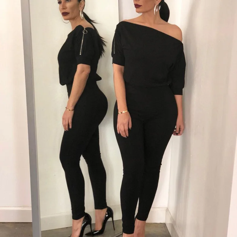2019 Off Shoulder Zipper Design Skinny Bodycon Jumpsuits Women Casual Solid Slim Fit Streetwear Outfits Pants 2019 Off Shoulder Zipper Design Skinny Bodycon Jumpsuits Women Casual Solid Slim Fit Streetwear Outfits Pants