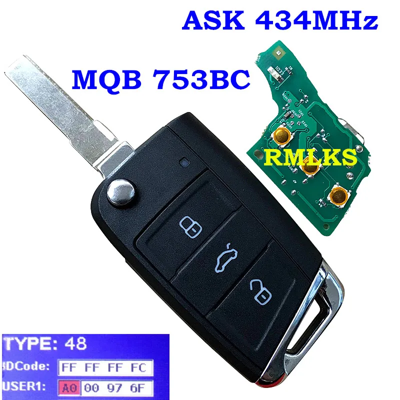 Новые 3 кнопки Отразить удаленного ключа автомобиля брелок для Volkswagen MQB 5G0 959 753BC GOLF VII 7 MK7 для Skoda ID48 чип 434 Mhz ASK Щепка хвост