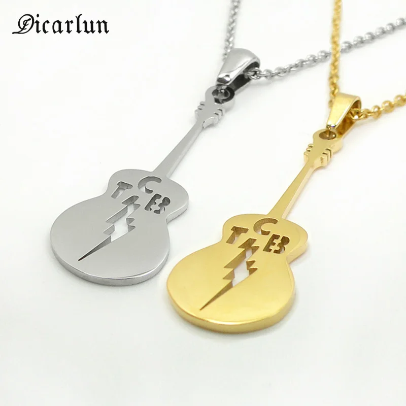 

DICARLUN Elvis Stainless Steel Necklace Guitar TCB Lightning Hollow Pendant Link Chain Collar Charm Memorial Jewelry Women Men