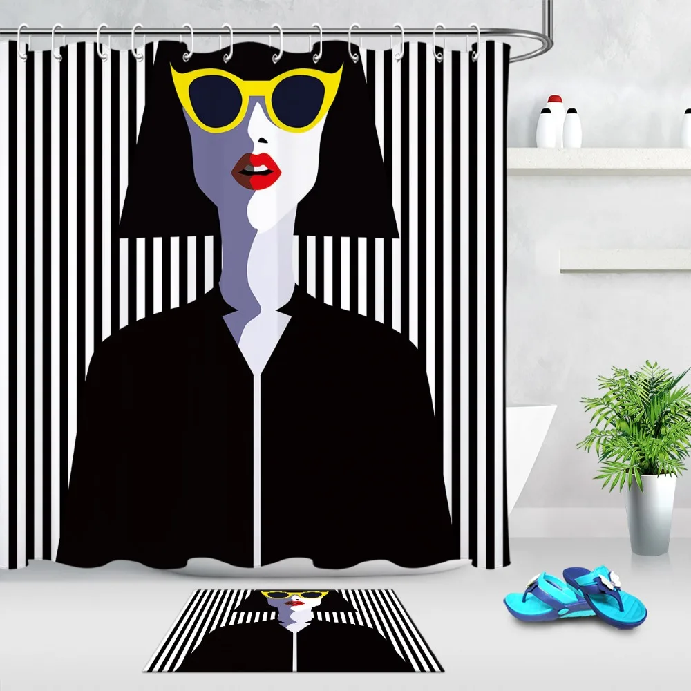 LB Fashion Girl Wearing Sunglasses Black And White Stripes Shower Curtains Set Bathroom