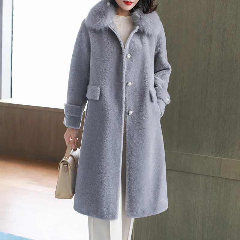 Naturel gris De Clair Gours bleu Parka Laine Chaud Réel 2018 marron En Renard Nouveau D'hiver A8808 Veste Beige Manteau Agneau Cuir Vêtements Moutons Col Fourrure Longue Femmes wOXqgCX