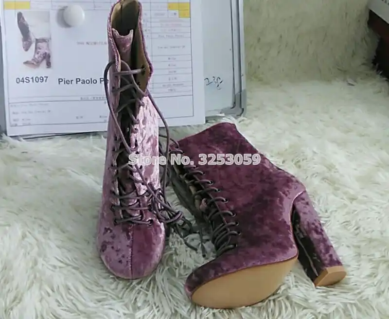 stylish velvet chunky high heel boots