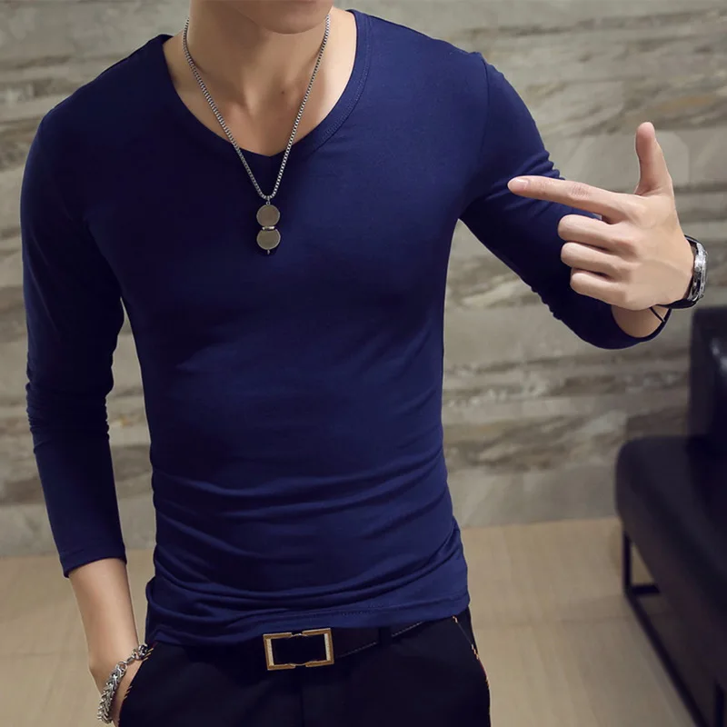 HEFLASHOR Мужская футболка с длинным рукавом весенняя Модная брендовая дизайнерская Приталенная футболка с круглым вырезом Повседневная однотонная мужская одежда Blusa tee top