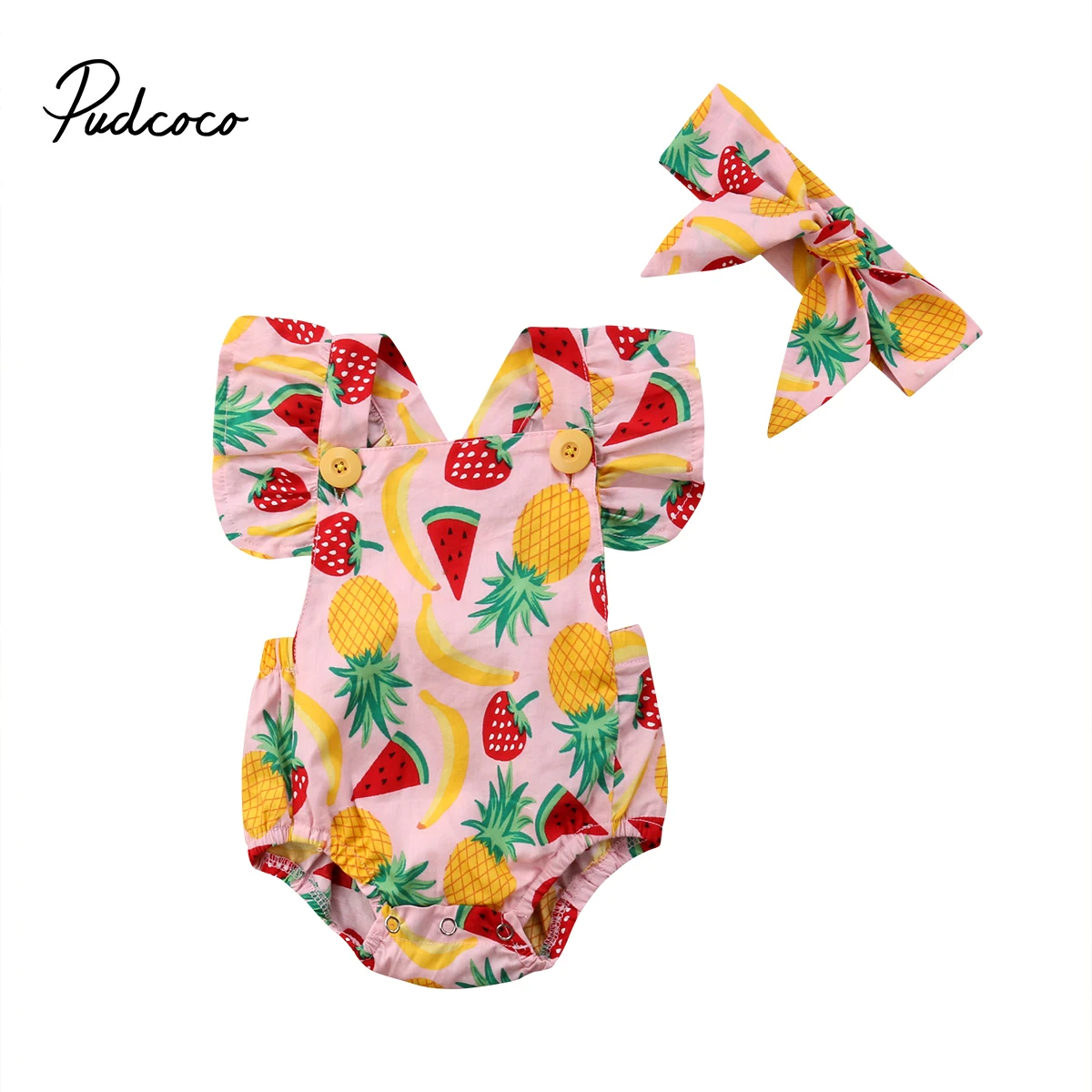 

2018 Brand New Summer Newborn Toddler Infant Baby Girl Fruit Print Bodysuit Outfits Sunsuit Headband 2Pcs Child Summer Jumpsuit