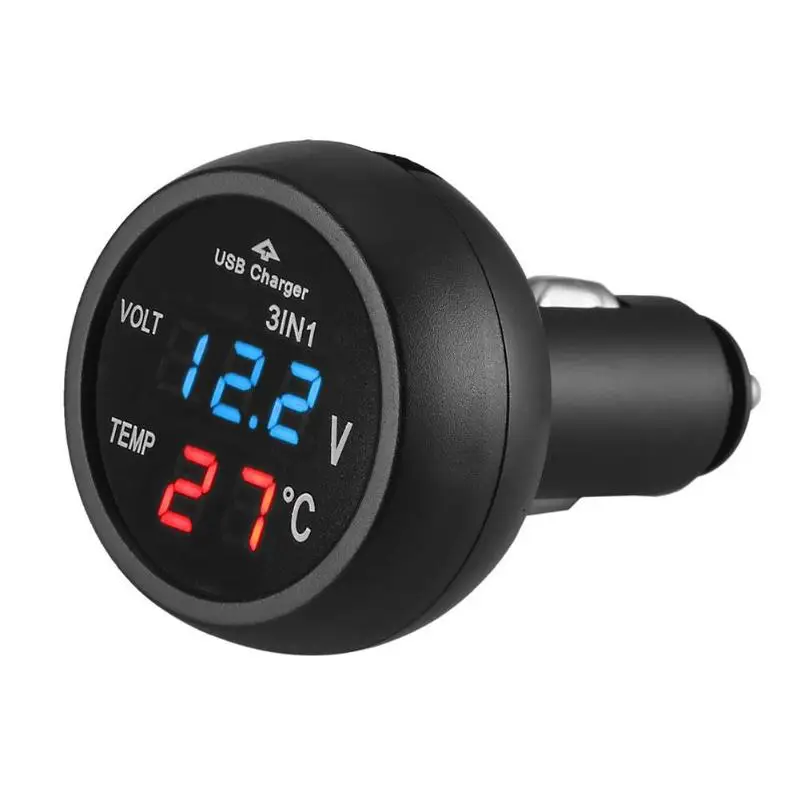 Universal 3in1 12/24V Auto Auto LED Digital Voltmeter Gauge Thermometer Monitor Display USB Lade La