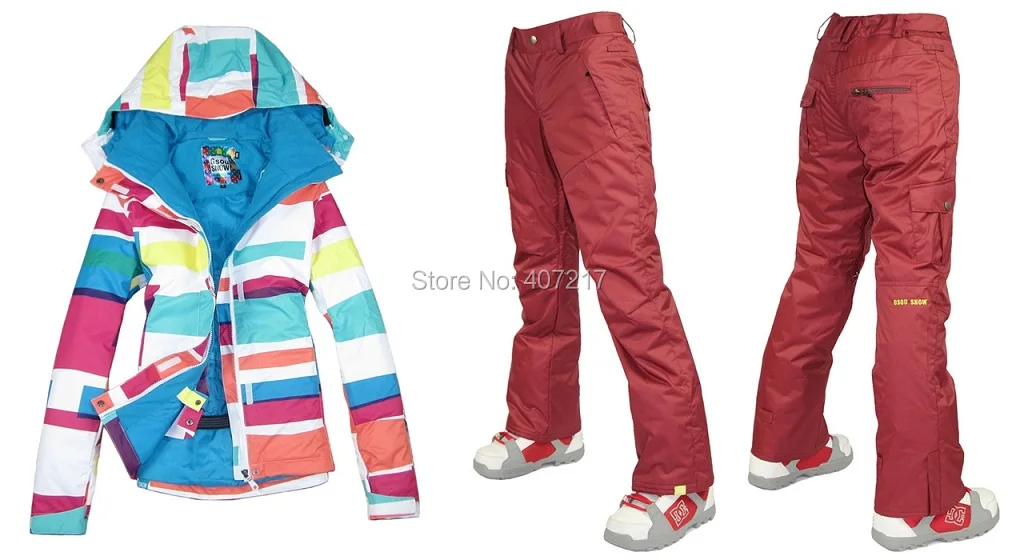 2017 حار إمرأة تزلج الدعاوى السيدات البدلة الجليد تزلج الملونة شريط سترة و الأصفر الأخضر السراويل للماء تنفس XS-L