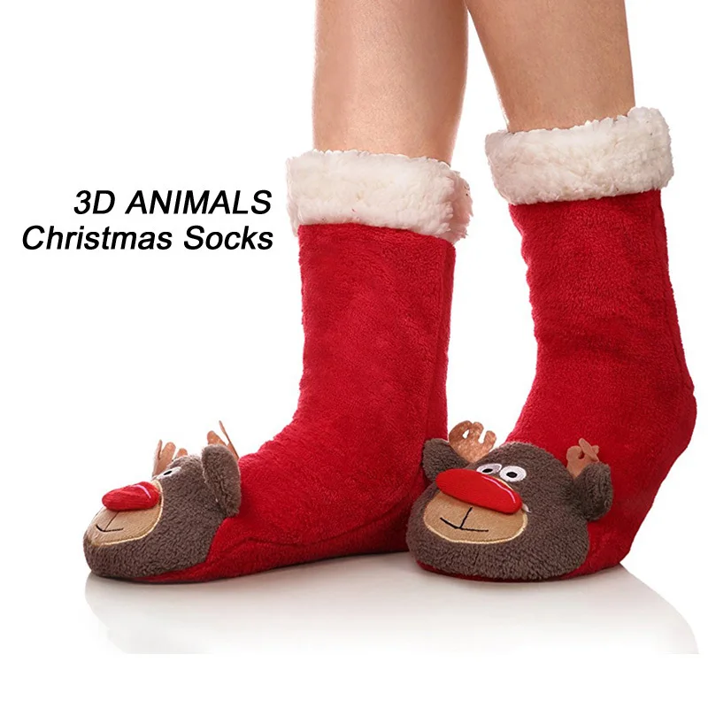Новинка; рождественские носки с объемным рисунком животных; длинные носки-тапочки; домашние тапочки; женские зимние теплые пушистые Нескользящие домашние тапочки