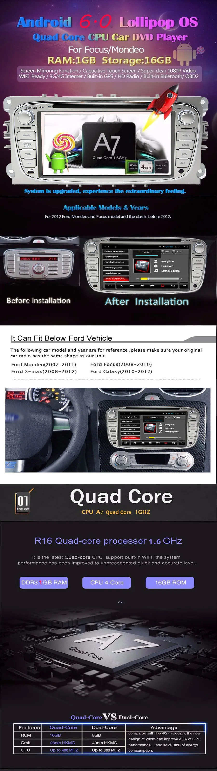 Sale 2 Din Android 8.01 Quad Core HD 1024*600 Car DVD Player for Ford Focus Mondeo S-Max Cmax Galaxy car Audio Radio Stereo Head Unit 0