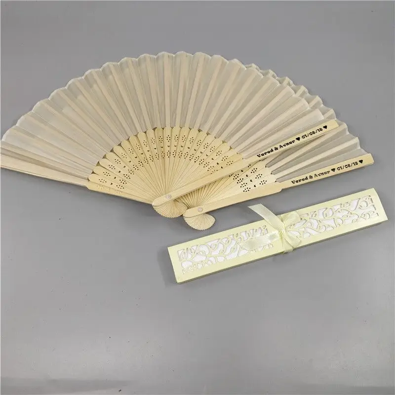  10pcs/lot Personalized 21cm wood Spun Silk Hand Fan Wedding Invitation Rice color - 33052708244