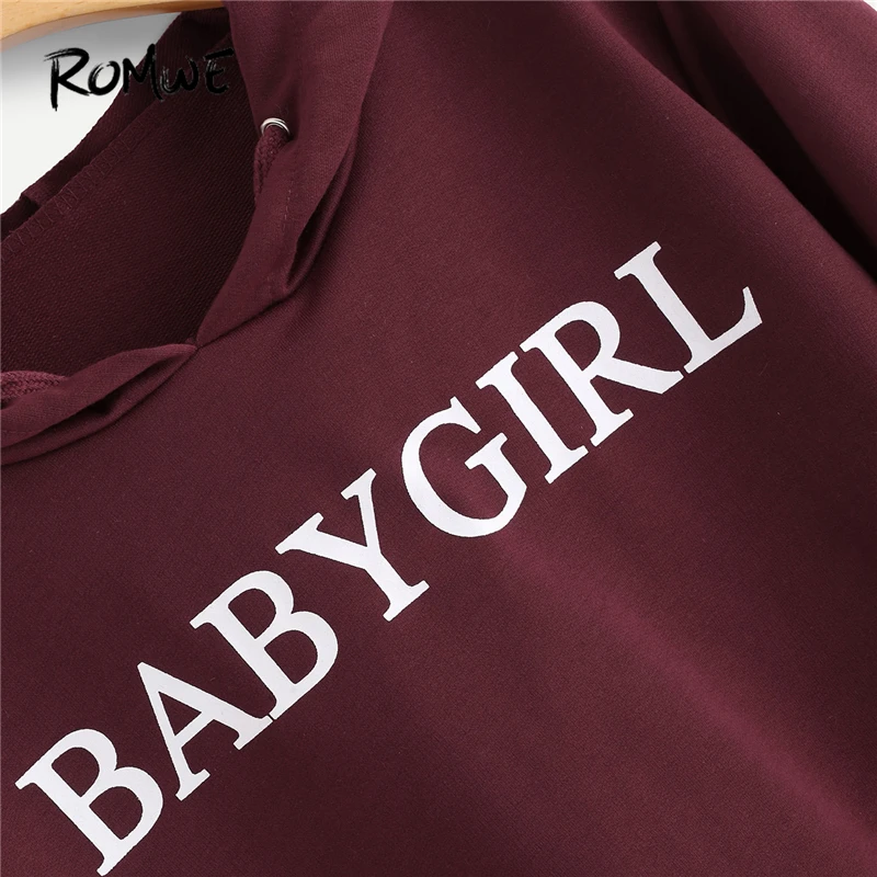  ROMWE Women Autumn Cute Hoodies Slogan Print Crop Top Sweatshirt Casual Burgundy Cloth Ladies Pullo