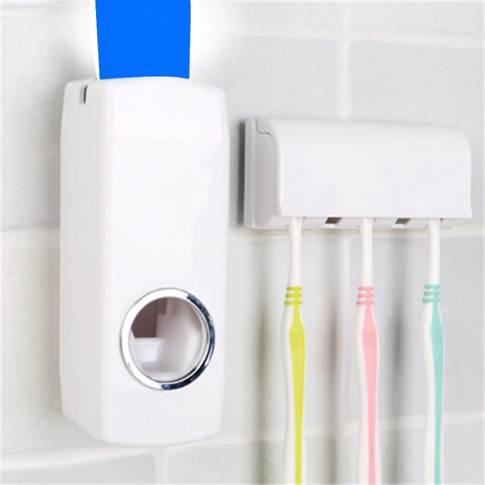 

Toothbrush Holder Automatic Toothpaste Dispenser Set Dustproof with Super Sticky Suction Pad Wall Mounted Kids Hands