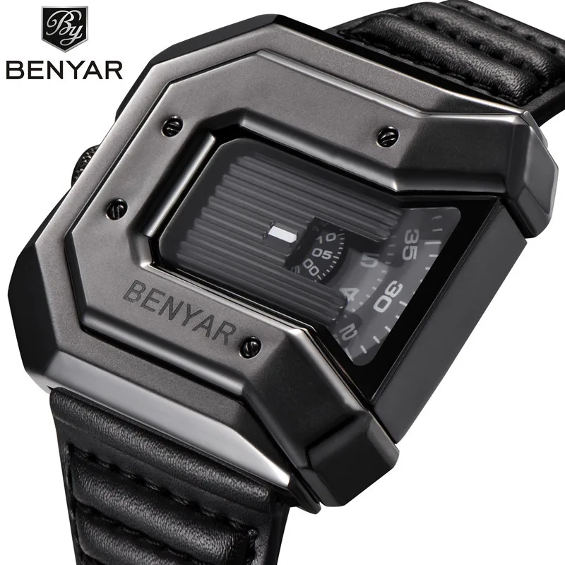 

BENYAR Creative Unique Design Quartz Watch Men Big Irregular Dial Leather Strap Wrist Watches Sports Watches Relogio Masculino