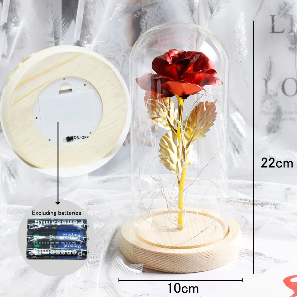 Красавица и Чудовище красная роза в стеклянном куполе на деревянной основе Роза лампа на День святого Валентина подарки